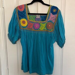 Ivy Jane Teal Blouse with Colorful Embroidery
